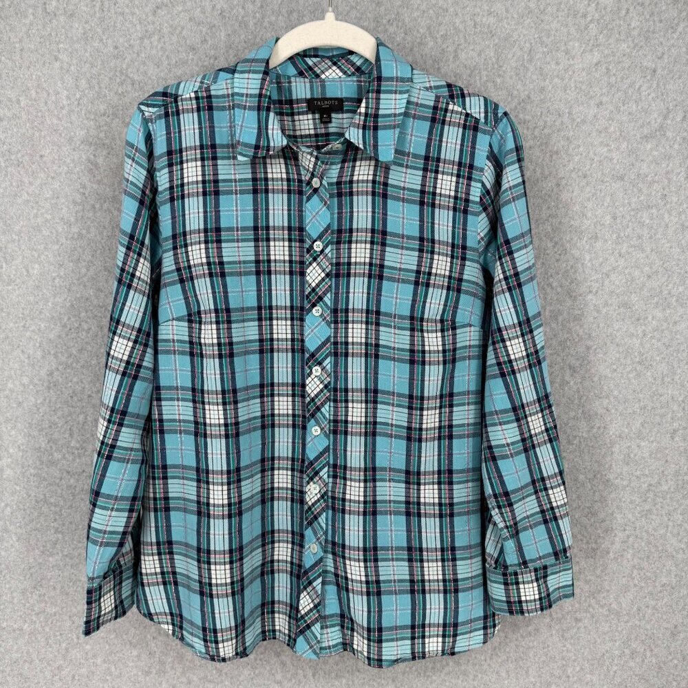 Talbots Womens Button Up Long Sleeve Shirt Blouse Size MP Blue Plaid Metallic